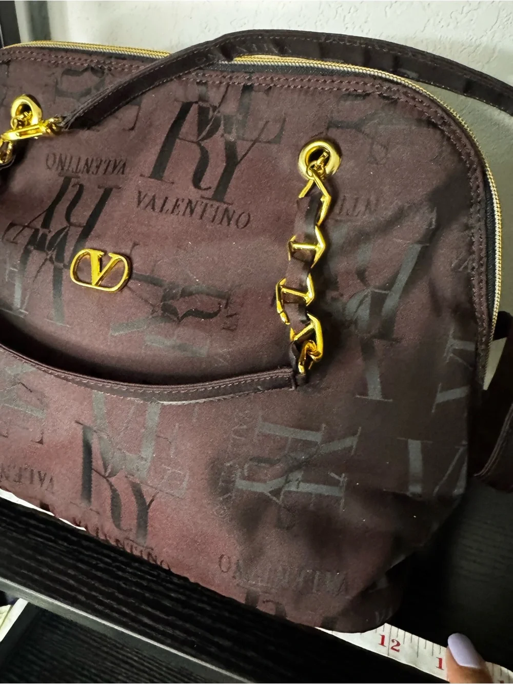 Valentino Garavani Burgundy Logo Dome Shoulder Bag with Gold Hardware
